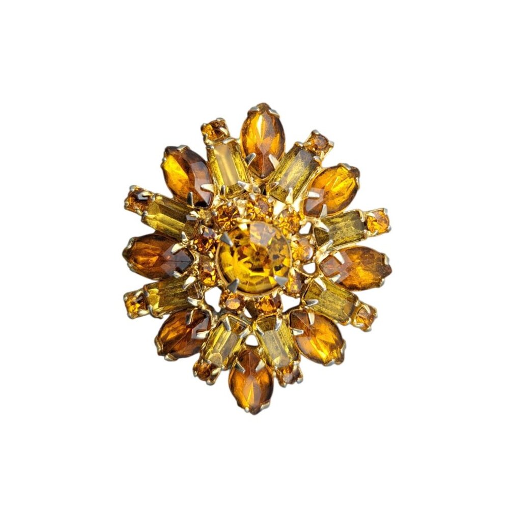 Vintage Rhinestone Brooch Pin Amber Citrine Topaz Colored Starburst Domed Floral - Picture 5 of 8